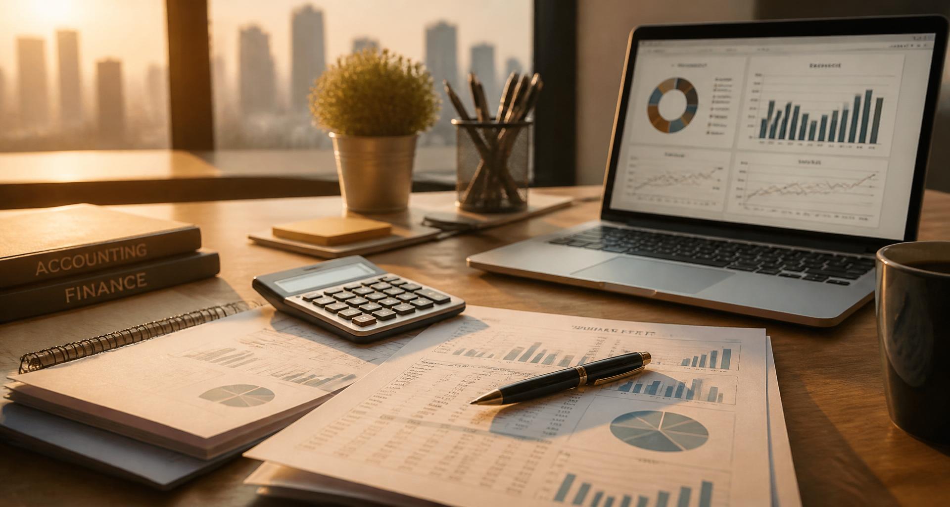 Workspace with laptop and financial charts